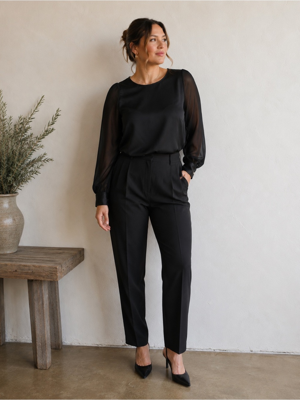 St. John Black Silk Blouse Sheer Sleeve Minimalist Quiet Luxury Designer Size 6